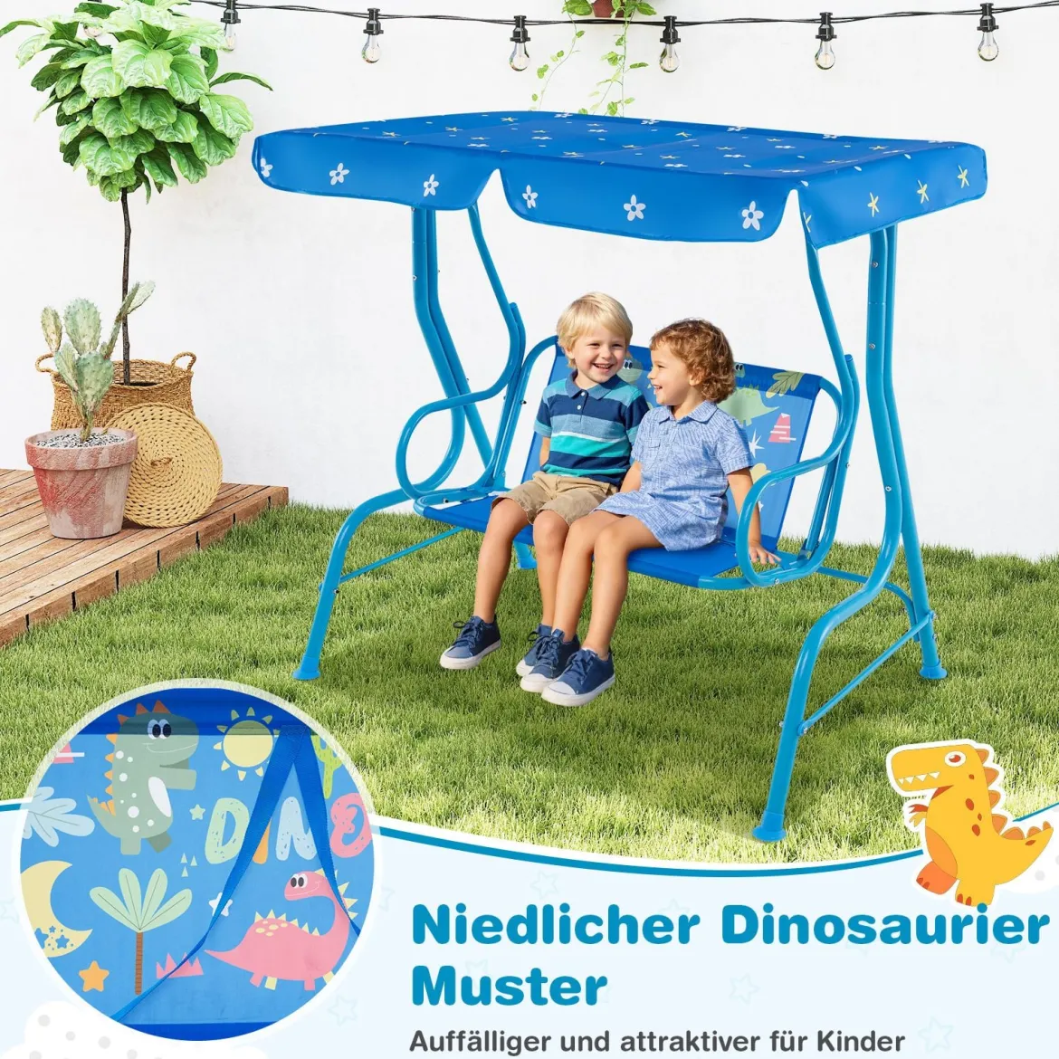 Kinder Hollywoodschaukel 2-Sitzer Kinderschaukel mit verstellbarem Sonnendach & Metallgestell Gelb/Blau/Rosa