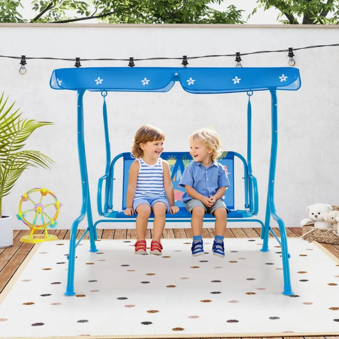 Kinder Hollywoodschaukel 2-Sitzer Kinderschaukel mit verstellbarem Sonnendach & Metallgestell Gelb/Blau/Rosa