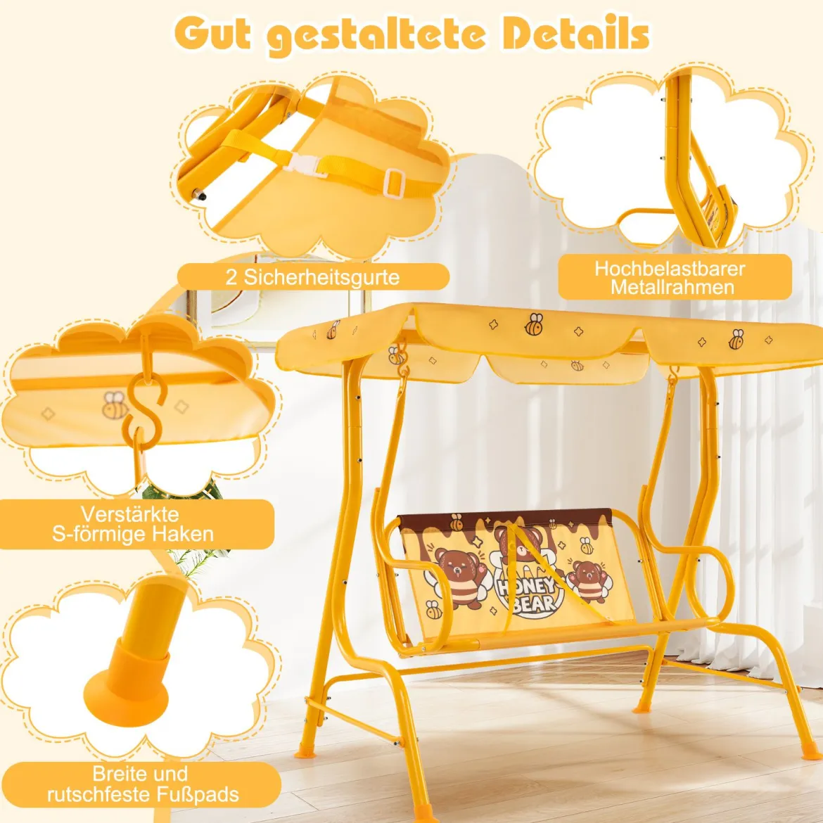 Kinder Hollywoodschaukel 2-Sitzer Kinderschaukel mit verstellbarem Sonnendach & Metallgestell Gelb/Blau/Rosa