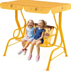 Kinder Hollywoodschaukel 2-Sitzer Kinderschaukel mit verstellbarem Sonnendach & Metallgestell Gelb/Blau/Rosa