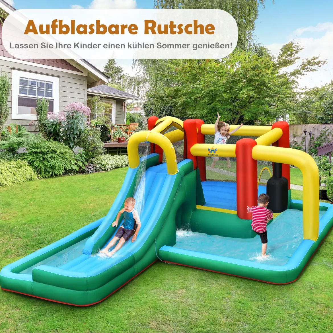 Kinder-Hüpfburg mit Rutsche Aufblasbare Wasserrutsche Spielpool 470 x 370 x 190 cm Bunt