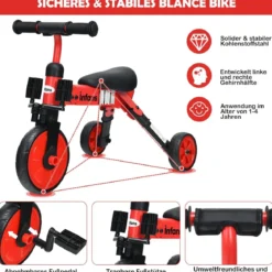 Kinder 2 in 1 klappbarer Dreirad & Balance Bike mit abnehmbarem Pedal Rot