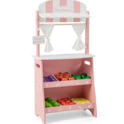 Kinder Kaufladen aus Holz mit Sonnendach & Ablagefächer & Werbeschild & Gemüse Rosa