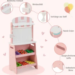 Kinder Kaufladen aus Holz mit Sonnendach & Ablagefächer & Werbeschild & Gemüse Rosa