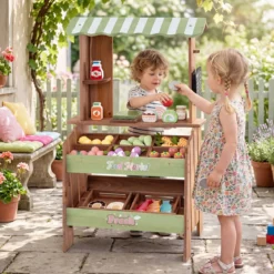 Kinder Kaufladen aus Holz Spielzeug Marktstand mit 6 Fächern & 2 Boxen für Kinder ab 3 Jahren