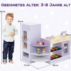 Kinder Kaufladen Kaufmannsladen aus Holz mit Seitentheke Lila 89 x 57 x 80 cm
