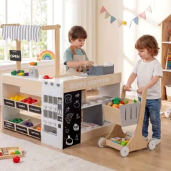 Kinder Kaufladen kaufmannsladen holz mit Einkaufswagen Verkaufsautomat Spielzeug Kasse Ladentheke Natur