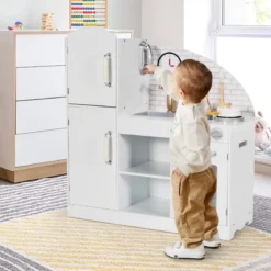 Kinderküche aus Holz mit Utensilien & Wasserhahn & Spüle Telefon & Schränken 78 x 29 x 83 cm Weiß