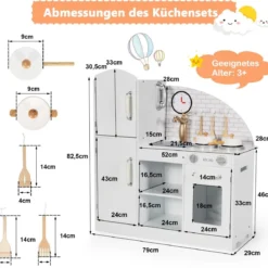 Kinderküche aus Holz mit Utensilien & Wasserhahn & Spüle Telefon & Schränken 78 x 29 x 83 cm Weiß