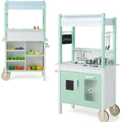 Kinderküche mit Kaufladen & Rollen & 17 Zubehör & Licht & Fernbedienung Spielküche Grün
