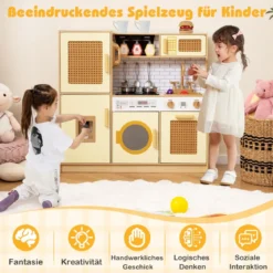 Kinderküche mit Rattantüren & Licht & Sound & Kühlschrank Spielküche Spielzeugküche Gelb