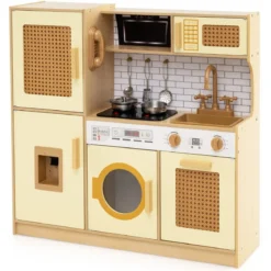 Kinderküche mit Rattantüren & Licht & Sound & Kühlschrank Spielküche Spielzeugküche Gelb