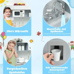 Kinderküche mit Realistischem Licht & Sound & Zubehöre 76 x 28 x 80 cm Grau