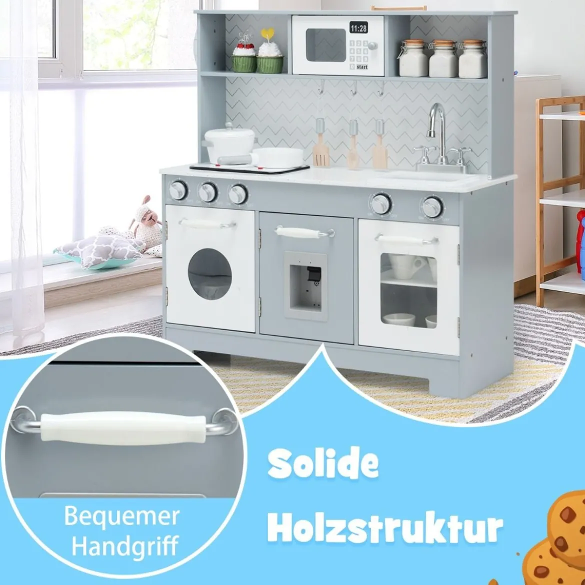 Kinderküche mit Realistischem Licht & Sound & Zubehöre 76 x 28 x 80 cm Grau