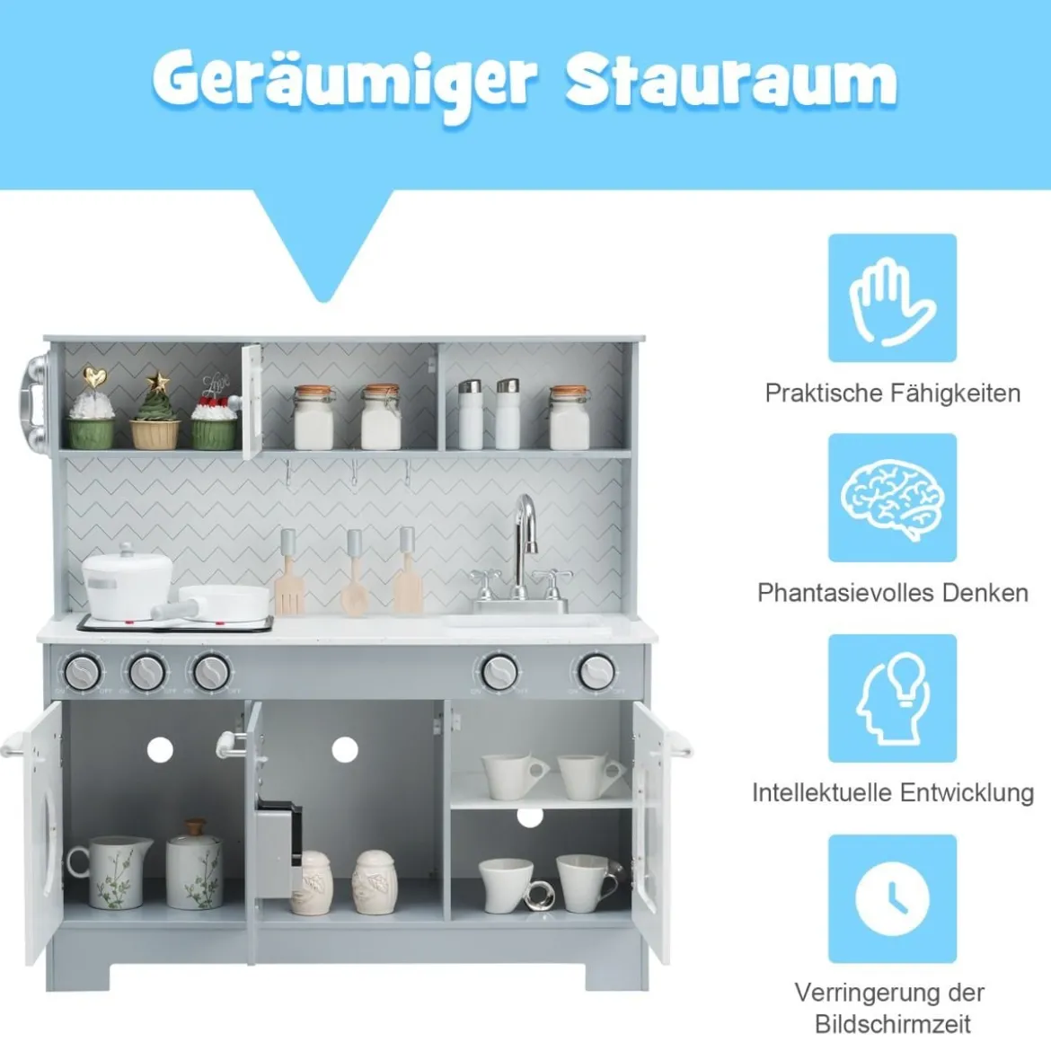 Kinderküche mit Realistischem Licht & Sound & Zubehöre 76 x 28 x 80 cm Grau