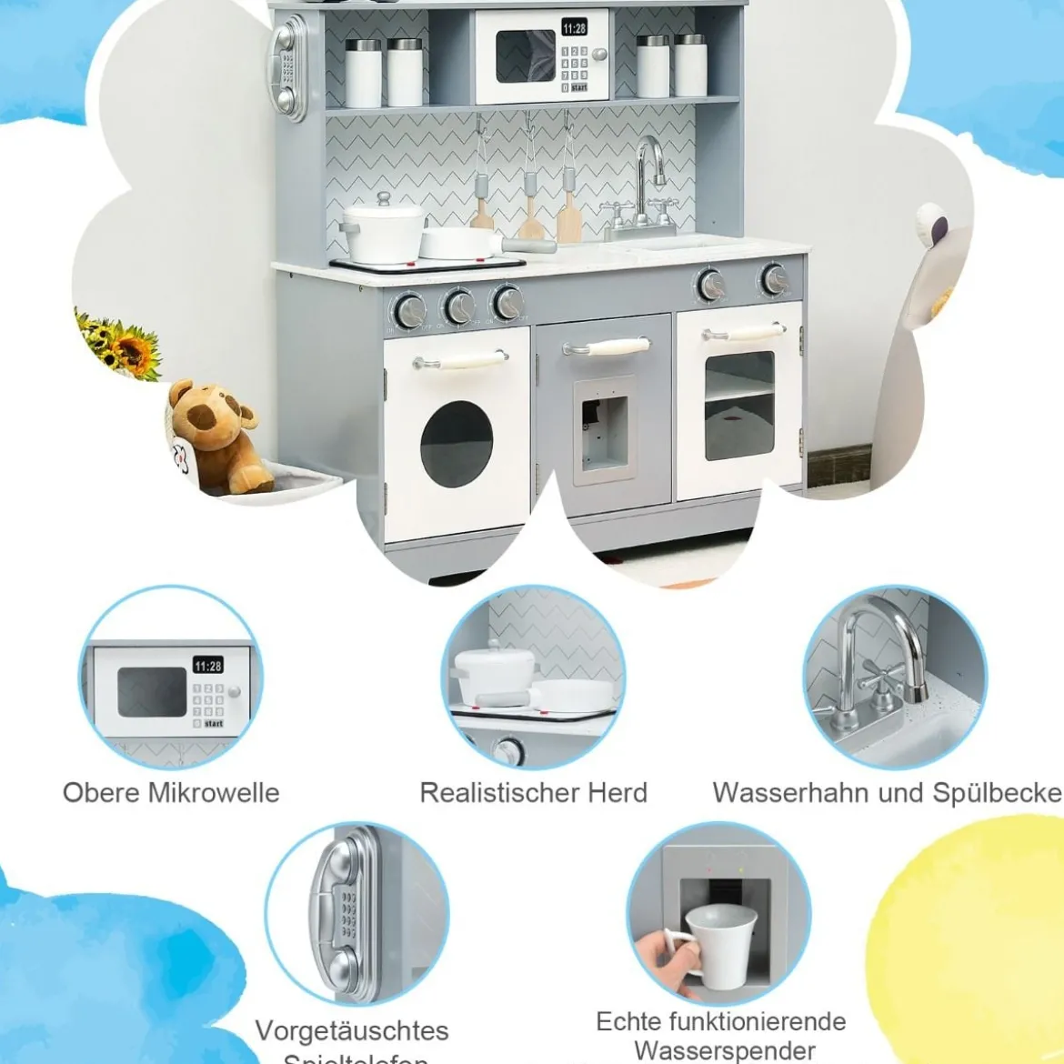 Kinderküche mit Realistischem Licht & Sound & Zubehöre 76 x 28 x 80 cm Grau