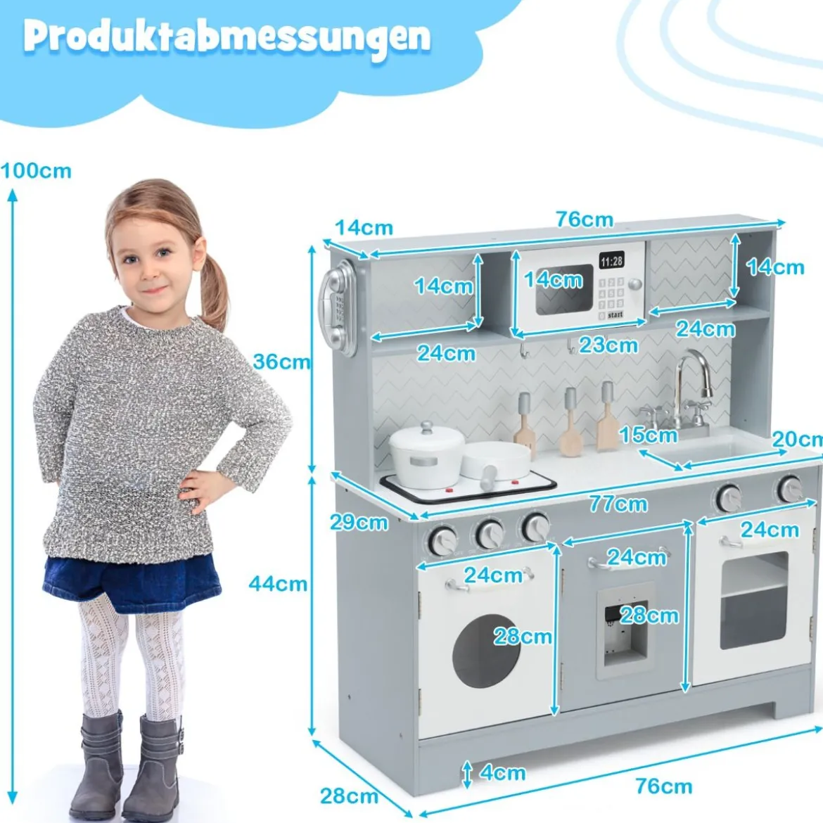 Kinderküche mit Realistischem Licht & Sound & Zubehöre 76 x 28 x 80 cm Grau
