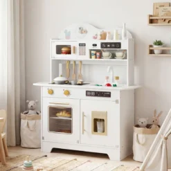 Kinderküche mit Stauraum & 17 Zubehörteilen Spielküche aus Holz Spielzeugküche Weiß