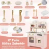 Kinderküche mit Stauraum & 17 Zubehörteilen Spielküche aus Holz Spielzeugküche Rosa
