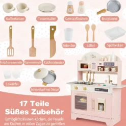 Kinderküche mit Stauraum & 17 Zubehörteilen Spielküche aus Holz Spielzeugküche Rosa