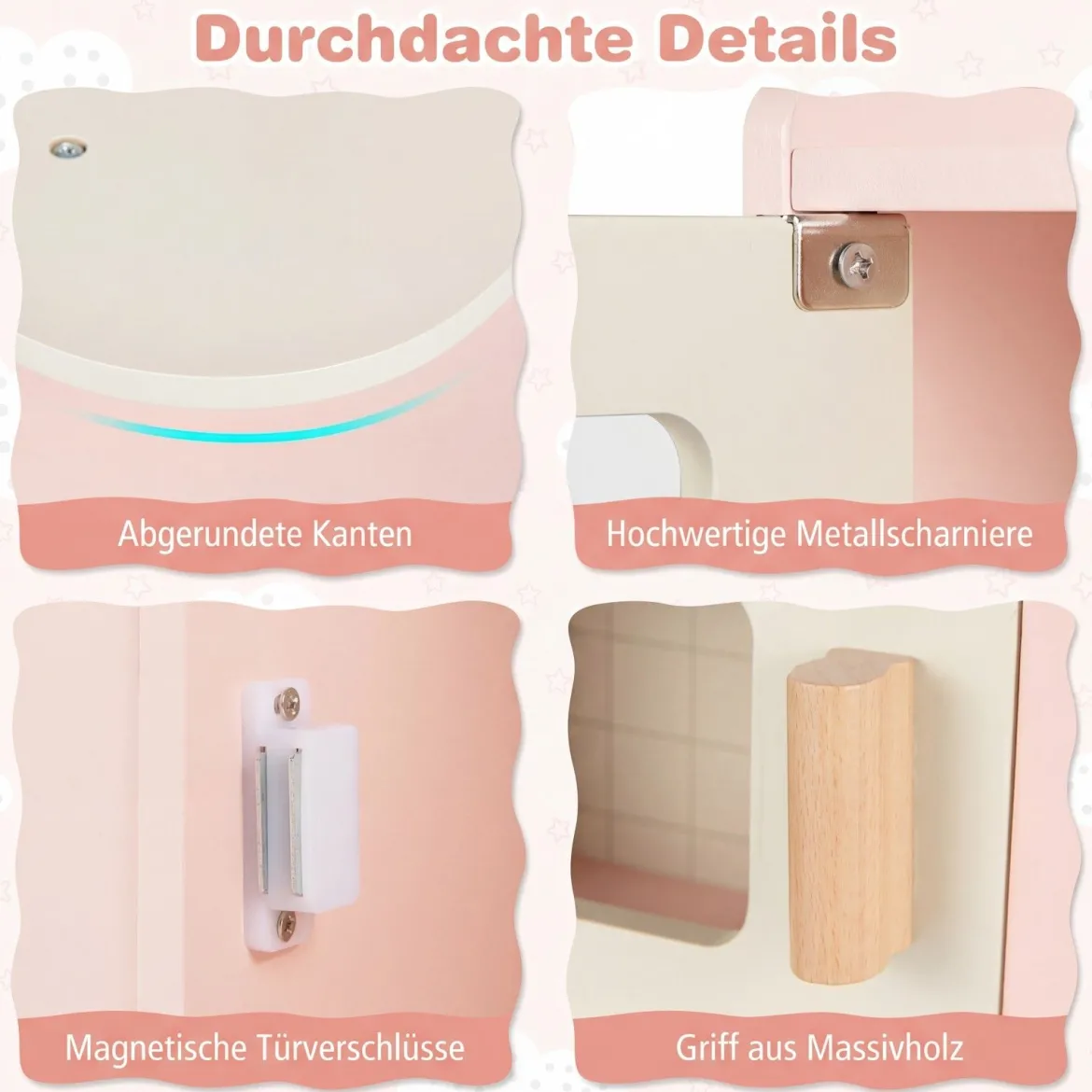 Kinderküche mit Stauraum & 17 Zubehörteilen Spielküche aus Holz Spielzeugküche Rosa