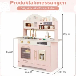 Kinderküche mit Stauraum & 17 Zubehörteilen Spielküche aus Holz Spielzeugküche Rosa