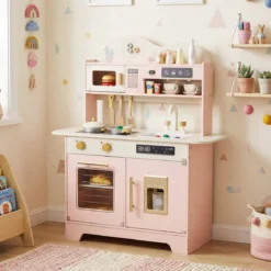 Kinderküche mit Stauraum & 17 Zubehörteilen Spielküche aus Holz Spielzeugküche Rosa