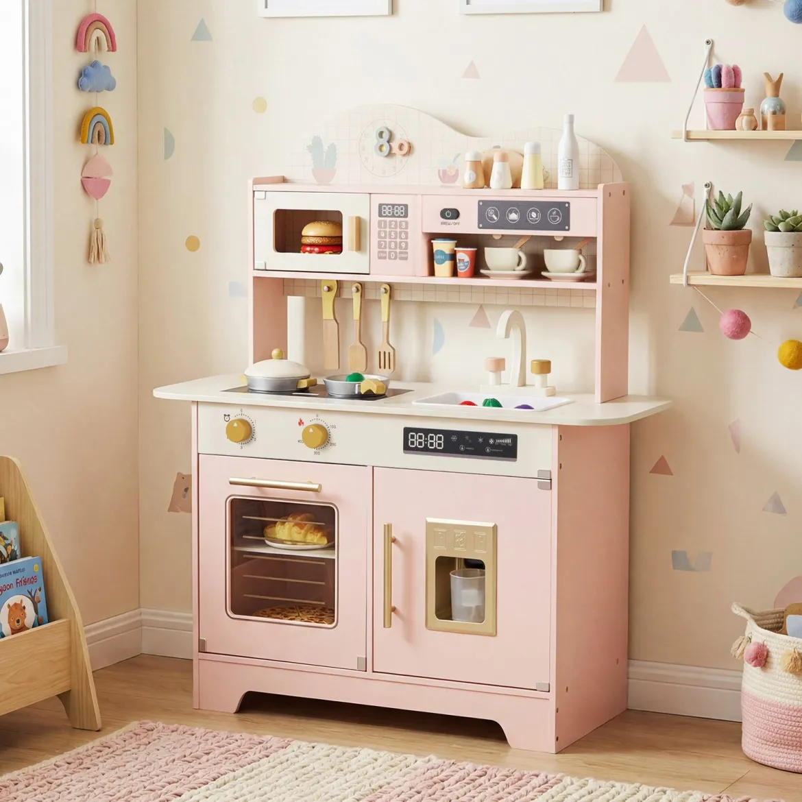 Kinderküche mit Stauraum & 17 Zubehörteilen Spielküche aus Holz Spielzeugküche Rosa