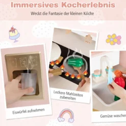 Kinderküche mit Stauraum & 17 Zubehörteilen Spielküche aus Holz Spielzeugküche Rosa