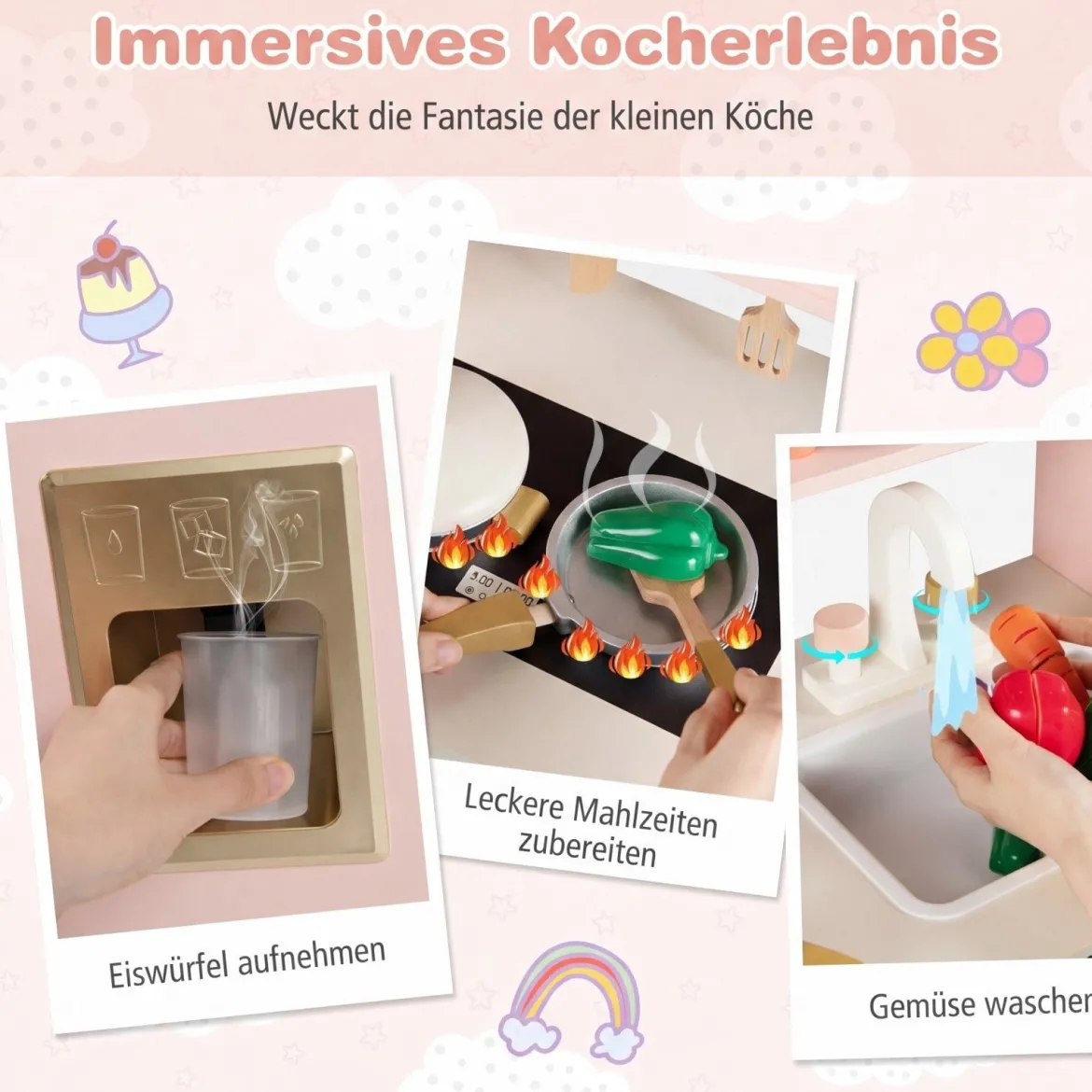 Kinderküche mit Stauraum & 17 Zubehörteilen Spielküche aus Holz Spielzeugküche Rosa