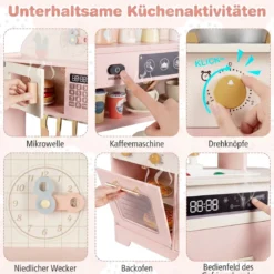 Kinderküche mit Stauraum & 17 Zubehörteilen Spielküche aus Holz Spielzeugküche Rosa