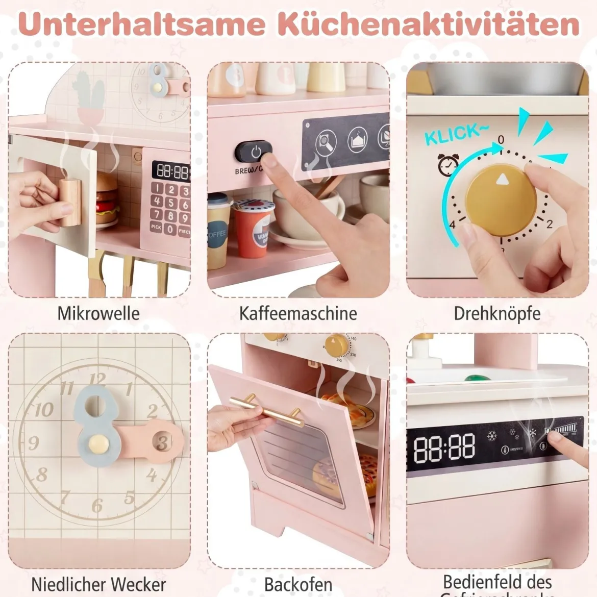Kinderküche mit Stauraum & 17 Zubehörteilen Spielküche aus Holz Spielzeugküche Rosa