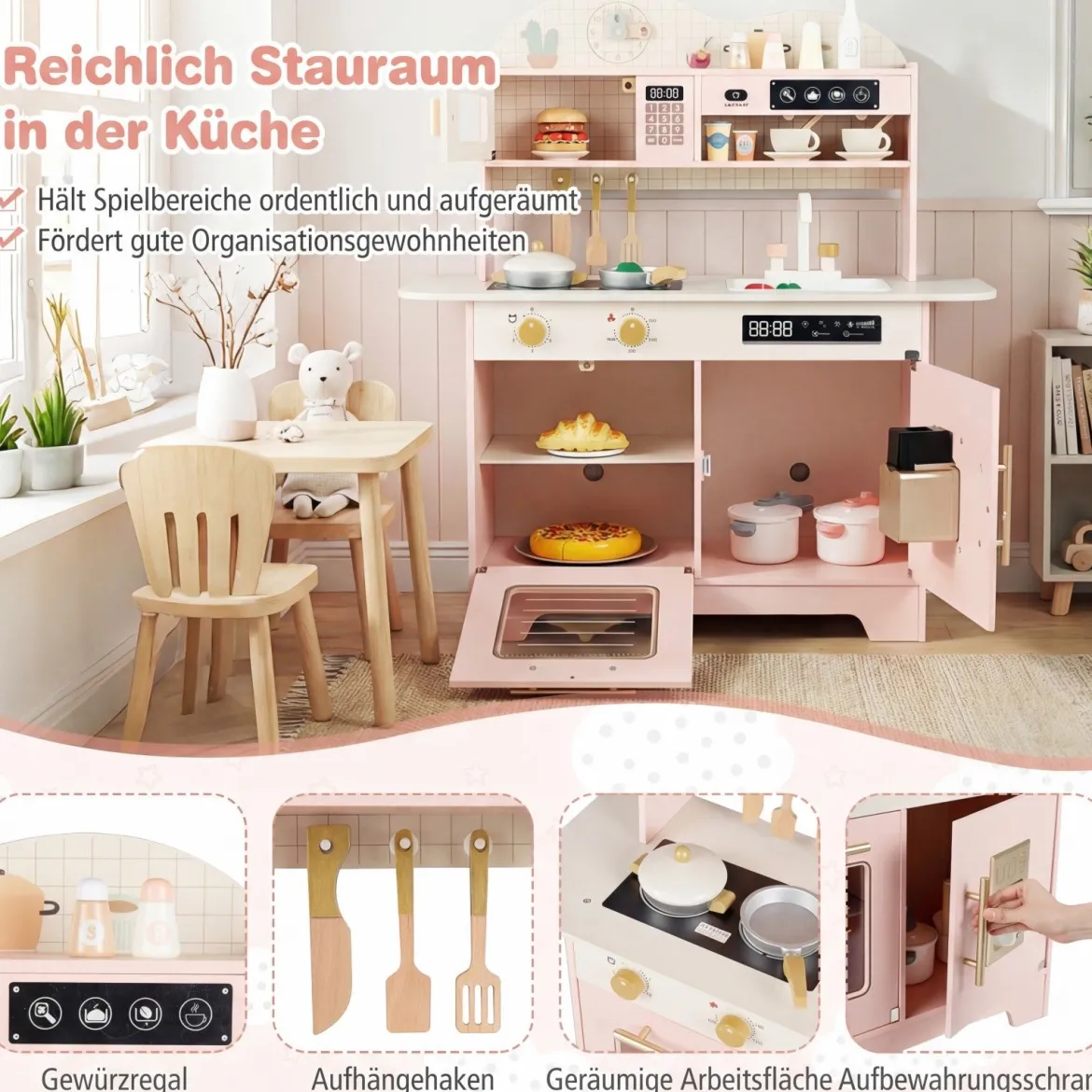 Kinderküche mit Stauraum & 17 Zubehörteilen Spielküche aus Holz Spielzeugküche Rosa