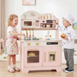 Kinderküche mit Stauraum & 17 Zubehörteilen Spielküche aus Holz Spielzeugküche Rosa