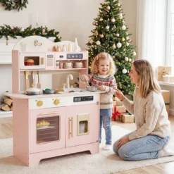 Kinderküche mit Stauraum & 17 Zubehörteilen Spielküche aus Holz Spielzeugküche Rosa
