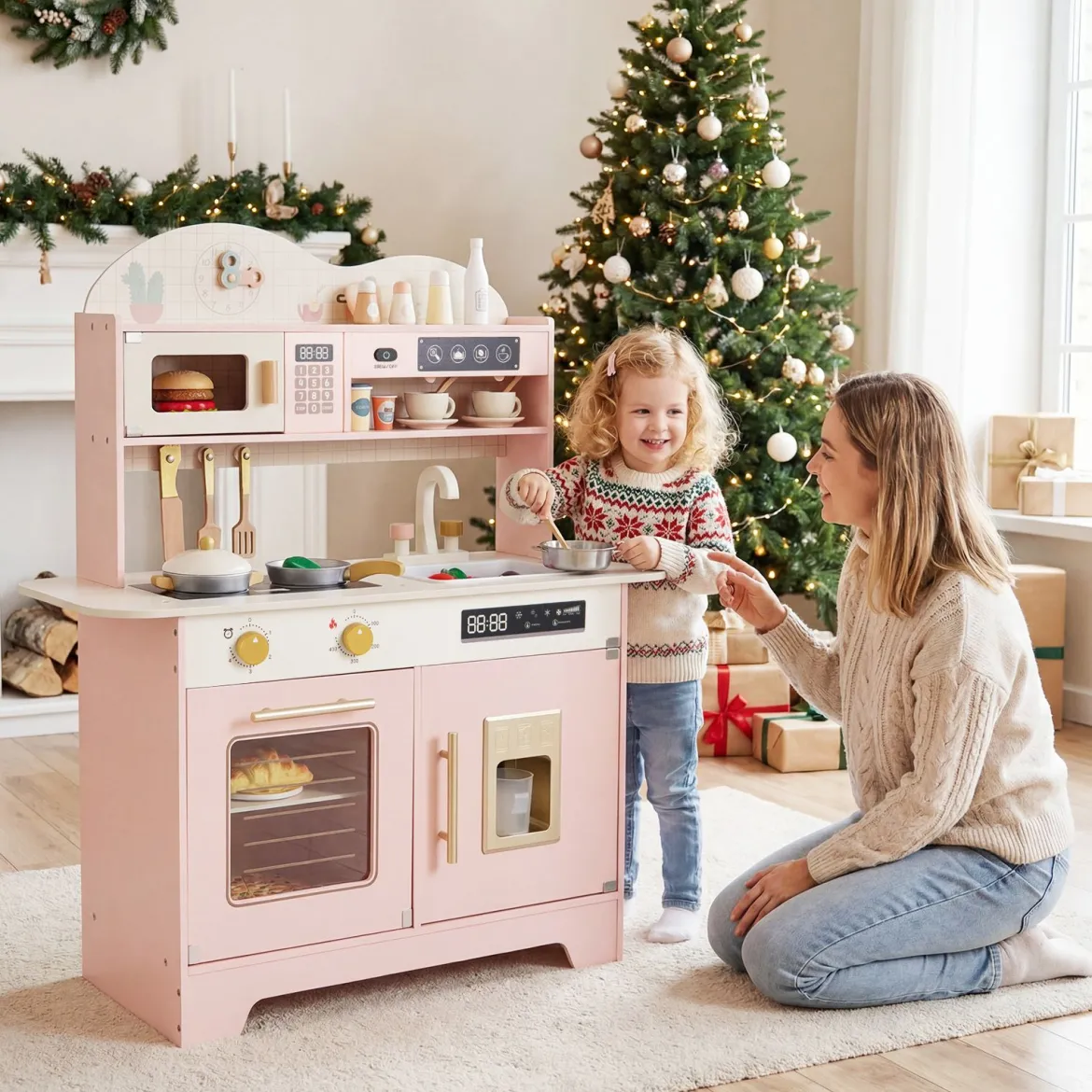Kinderküche mit Stauraum & 17 Zubehörteilen Spielküche aus Holz Spielzeugküche Rosa