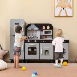 Kinderküche mit Zubehör 3 in 1 Kinder Küche Holz mit Kühlschrank & Waschmaschine Braun/Grau