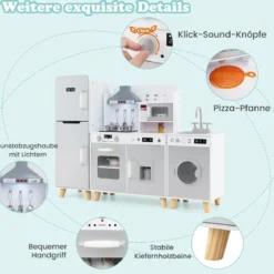 Kinderküche mit Zubehör 3 in 1 Kinder Küche Holz mit Kühlschrank & Waschmaschine Braun/Grau