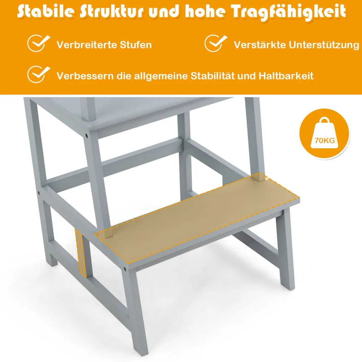 Kinder Küchenhocker Küchenhocker mit Geländer 2 Stufen Lernturm Kinder Tritthocker aus Bambus Grau