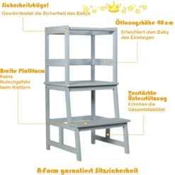 Kinder Küchenhocker Küchenhocker mit Geländer 2 Stufen Lernturm Kinder Tritthocker aus Bambus Grau