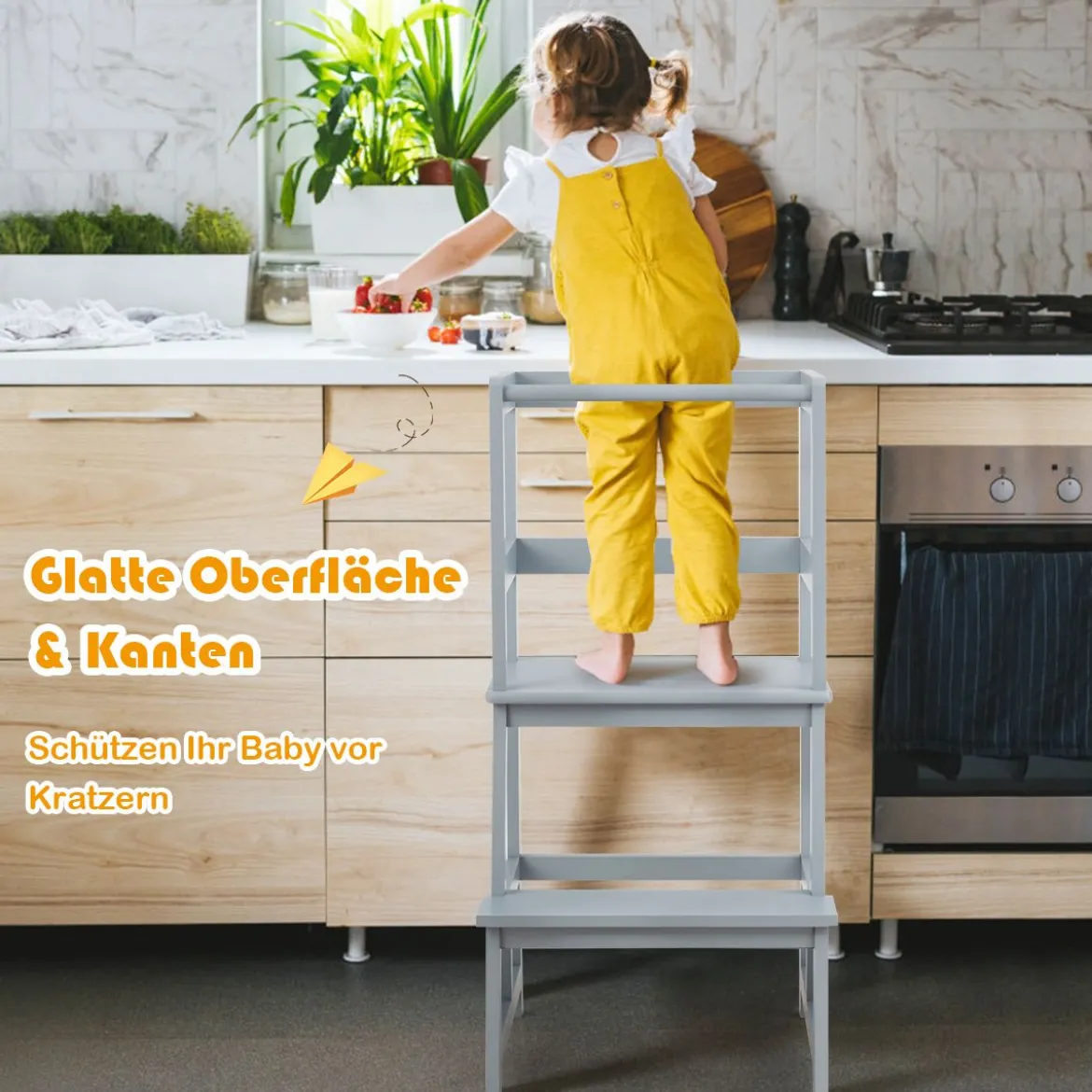 Kinder Küchenhocker Küchenhocker mit Geländer 2 Stufen Lernturm Kinder Tritthocker aus Bambus Grau
