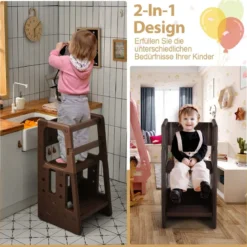 Kinder-Küchenhocker mit Doppelten Sicherheitshandläufen Kleinkindhocker 46,5 x 46,5 x 90 cm Braun