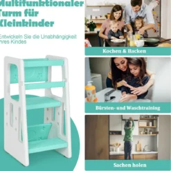 Kinder-Küchenhocker mit Doppelten Sicherheitshandläufen & 3 Verstellbaren Höhen & Rutschfesten Füßen Grün