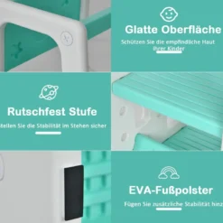 Kinder-Küchenhocker mit Doppelten Sicherheitshandläufen & 3 Verstellbaren Höhen & Rutschfesten Füßen Grün