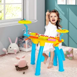 Kinder-Keyboard Elektrisches Keyboard-Set mit Hocker Mikrofon MP3 LED-Leuchten Blau