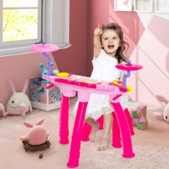 Kinder-Keyboard Elektrisches Keyboard-Set mit Hocker Mikrofon MP3 LED-Leuchten Rosa