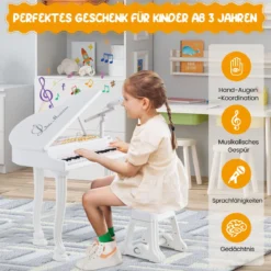 Kinder Keyboard mit 37 Tasten & Hocker Elektronische Klaviertastatur 47 x 37 x 70 cm Weiß