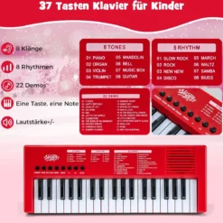 Kinder Klavier Keyboard 37 Tasten tragbares E-Piano mit 8 Rhythmen 8 Klangfarben & 22 Demos Rot