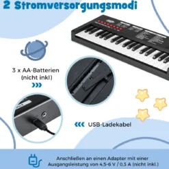 Kinder Klavier Keyboard 37 Tasten tragbares E-Piano mit 8 Rhythmen 8 Klangfarben & 22 Demos Schwarz