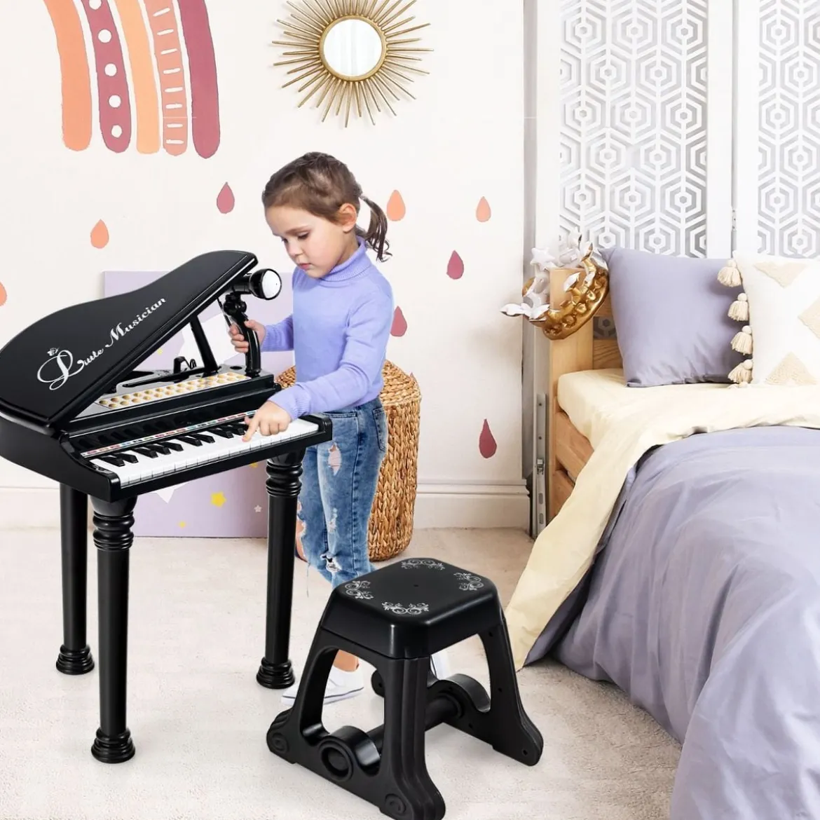 Kinderklavier mit 31 Tasten & Hocker Spielzeugklavier tragbar 35 x 30 x 55 cm Schwarz
